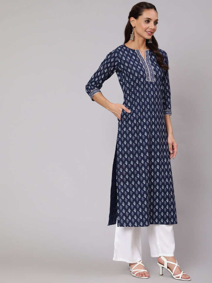 Blue Printed Straight kurta With Three Quarter Sleeves