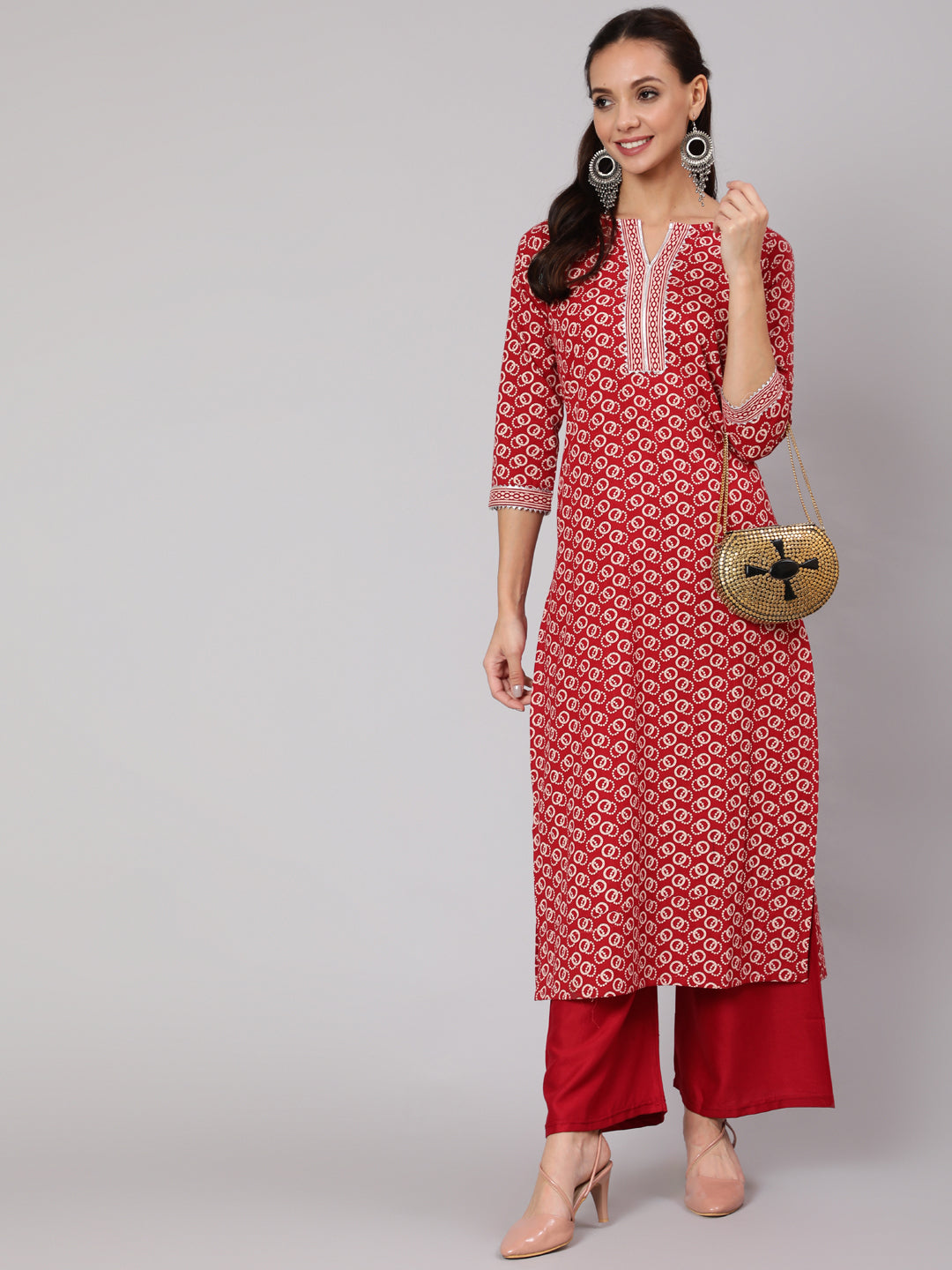 Red Geometric Printed Straight Kurta With Three Quarter Sleeves