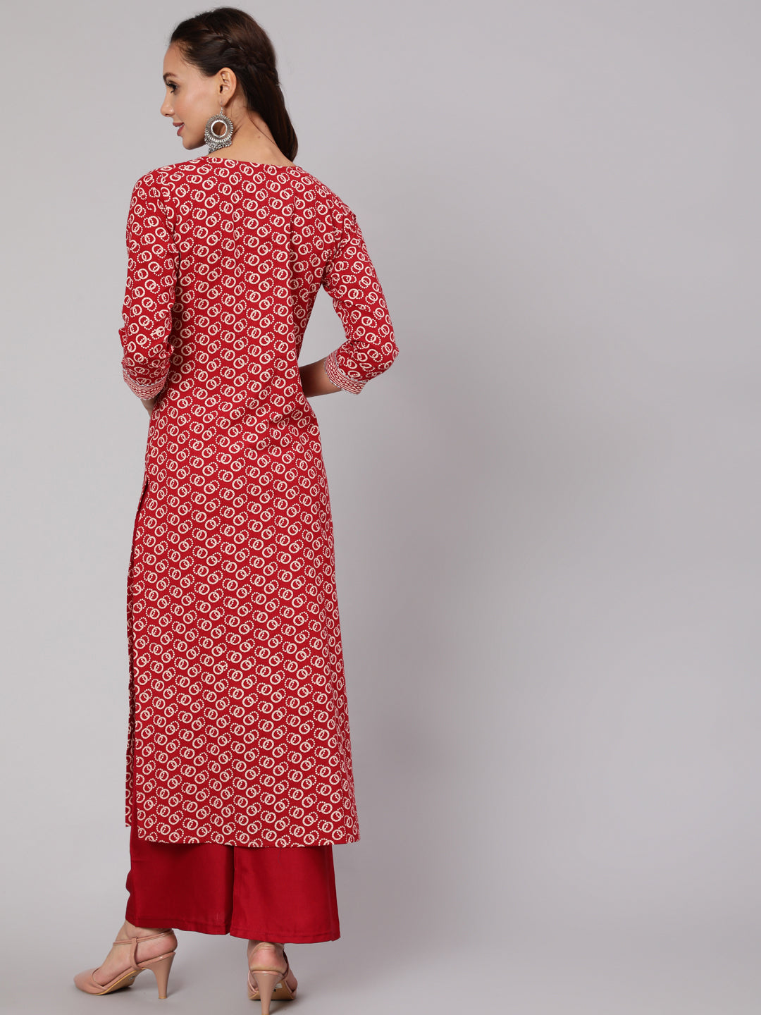 Red Geometric Printed Straight Kurta With Three Quarter Sleeves