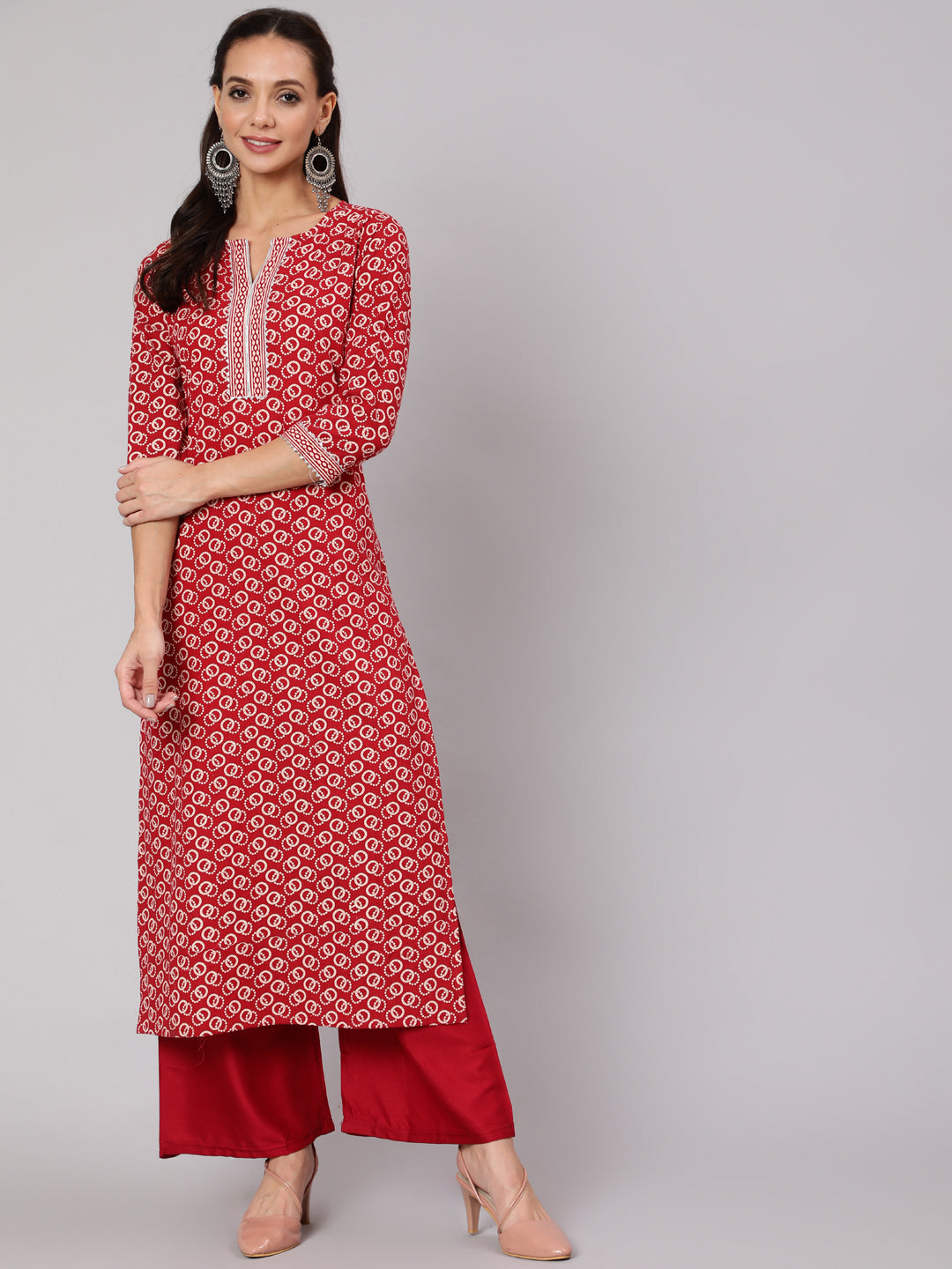 Red Geometric Printed Straight Kurta With Three Quarter Sleeves