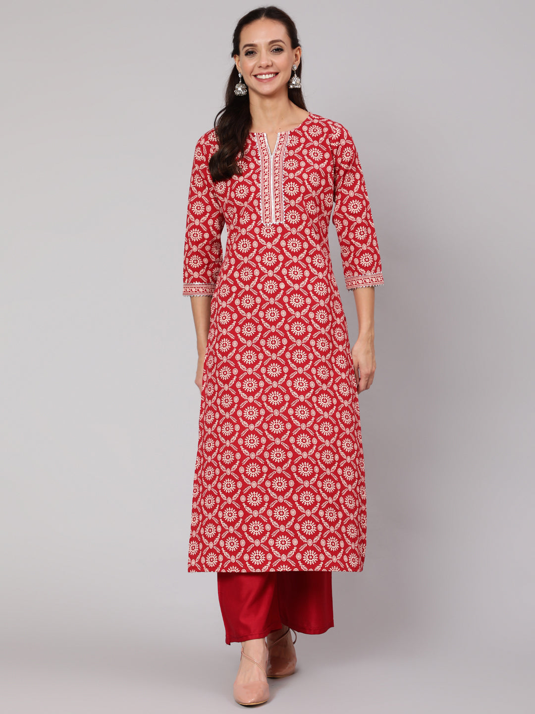 Red Ethnic Printed Straight Kurta With Three Quarter Sleeves