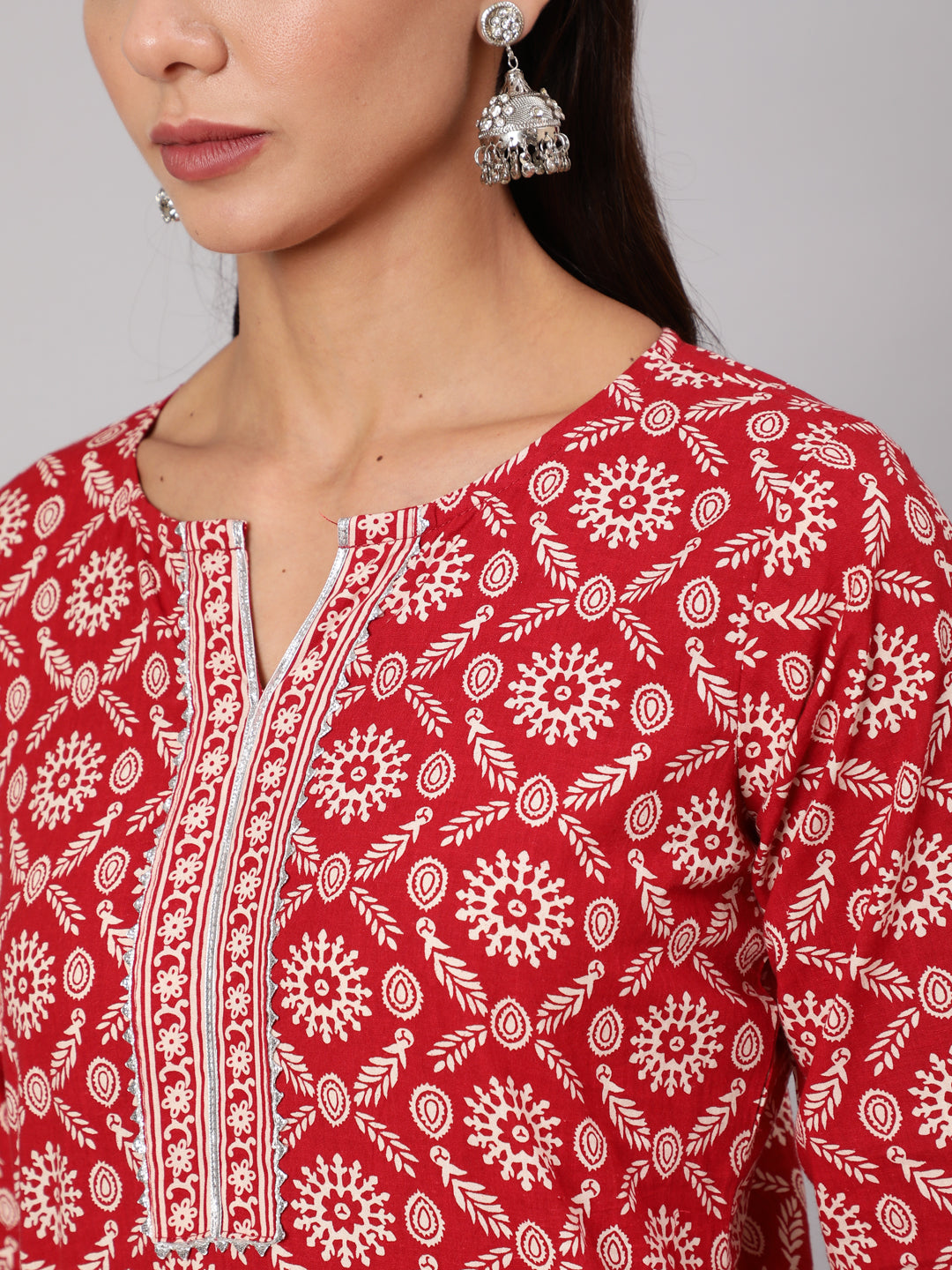 Red Ethnic Printed Straight Kurta With Three Quarter Sleeves