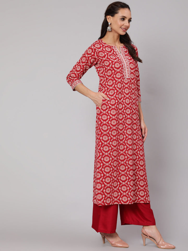 Red Ethnic Printed Straight Kurta With Three Quarter Sleeves