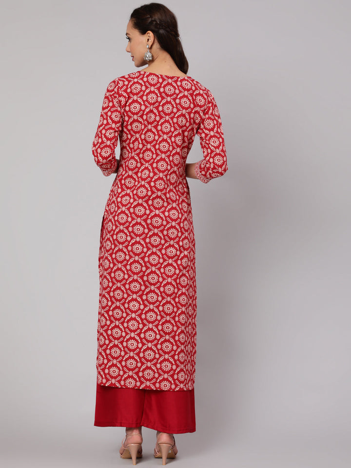 Red Ethnic Printed Straight Kurta With Three Quarter Sleeves