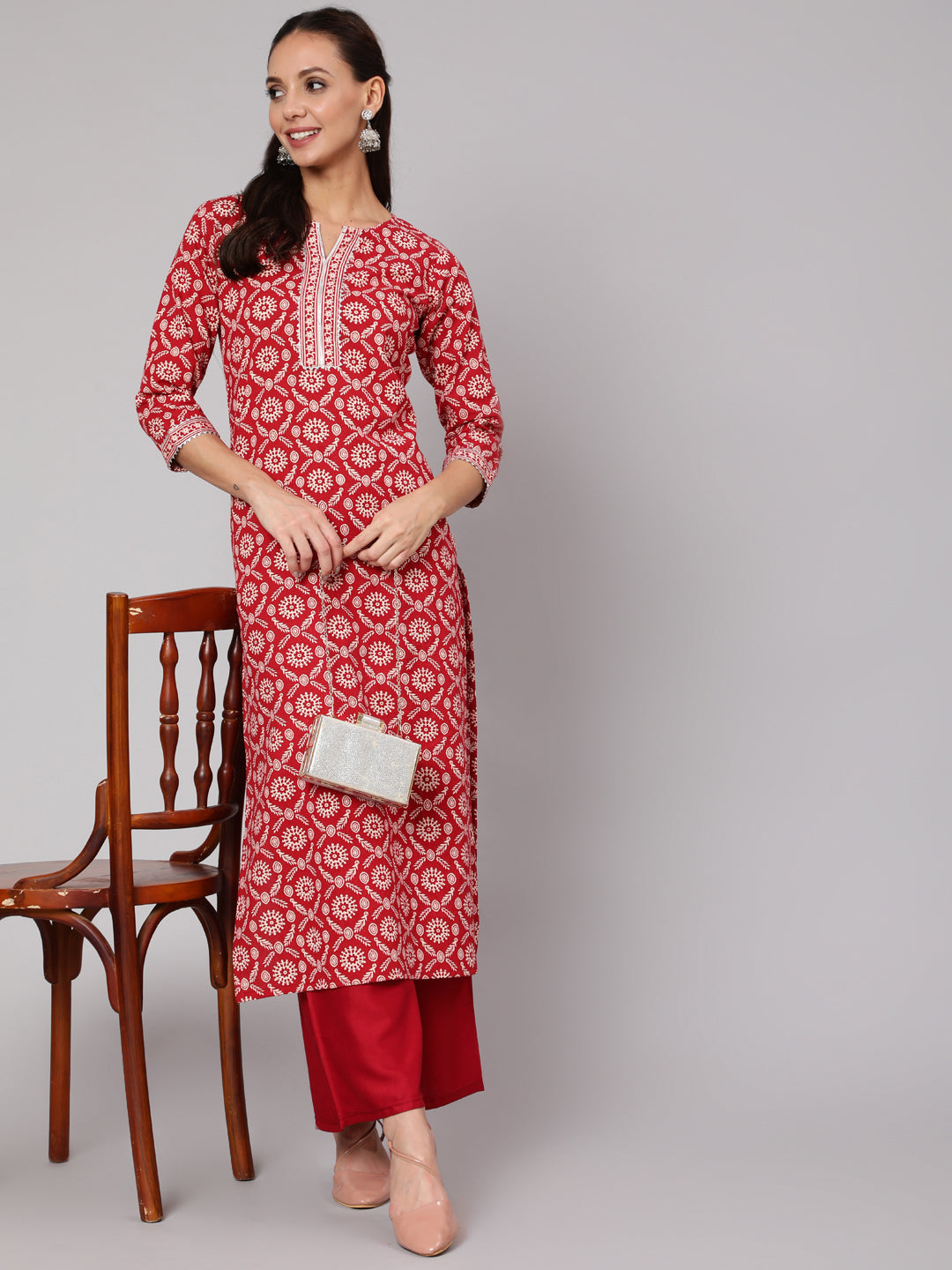 Red Ethnic Printed Straight Kurta With Three Quarter Sleeves