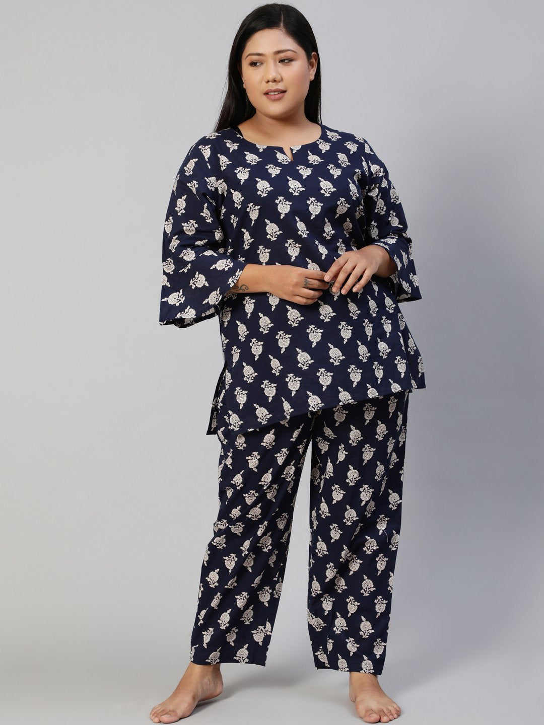 Women Navy Blue Printed Night Suit