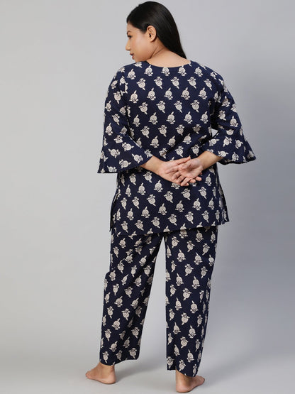 Women Navy Blue Printed Night Suit