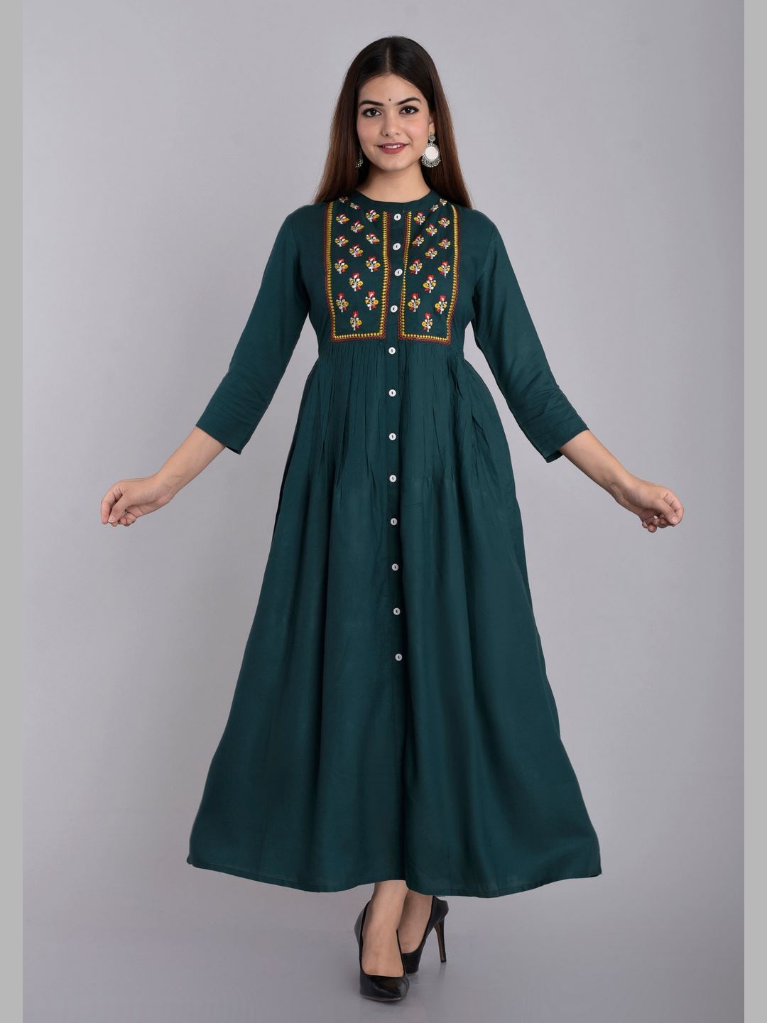 Women Rayon Embroidered Flared Kurta