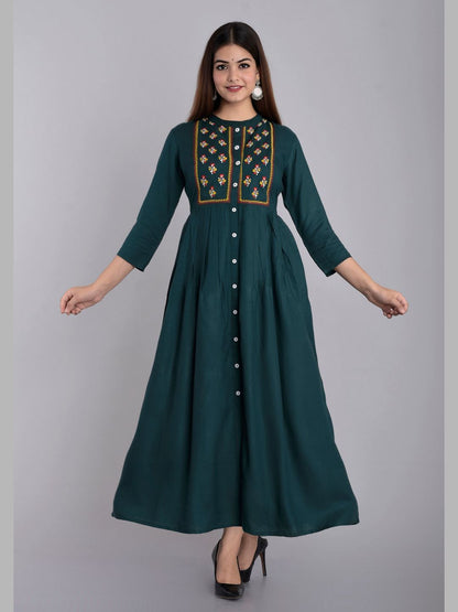 Women Rayon Embroidered Flared Kurta