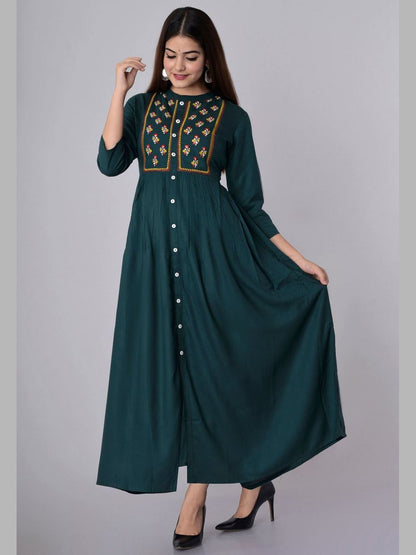 Women Rayon Embroidered Flared Kurta