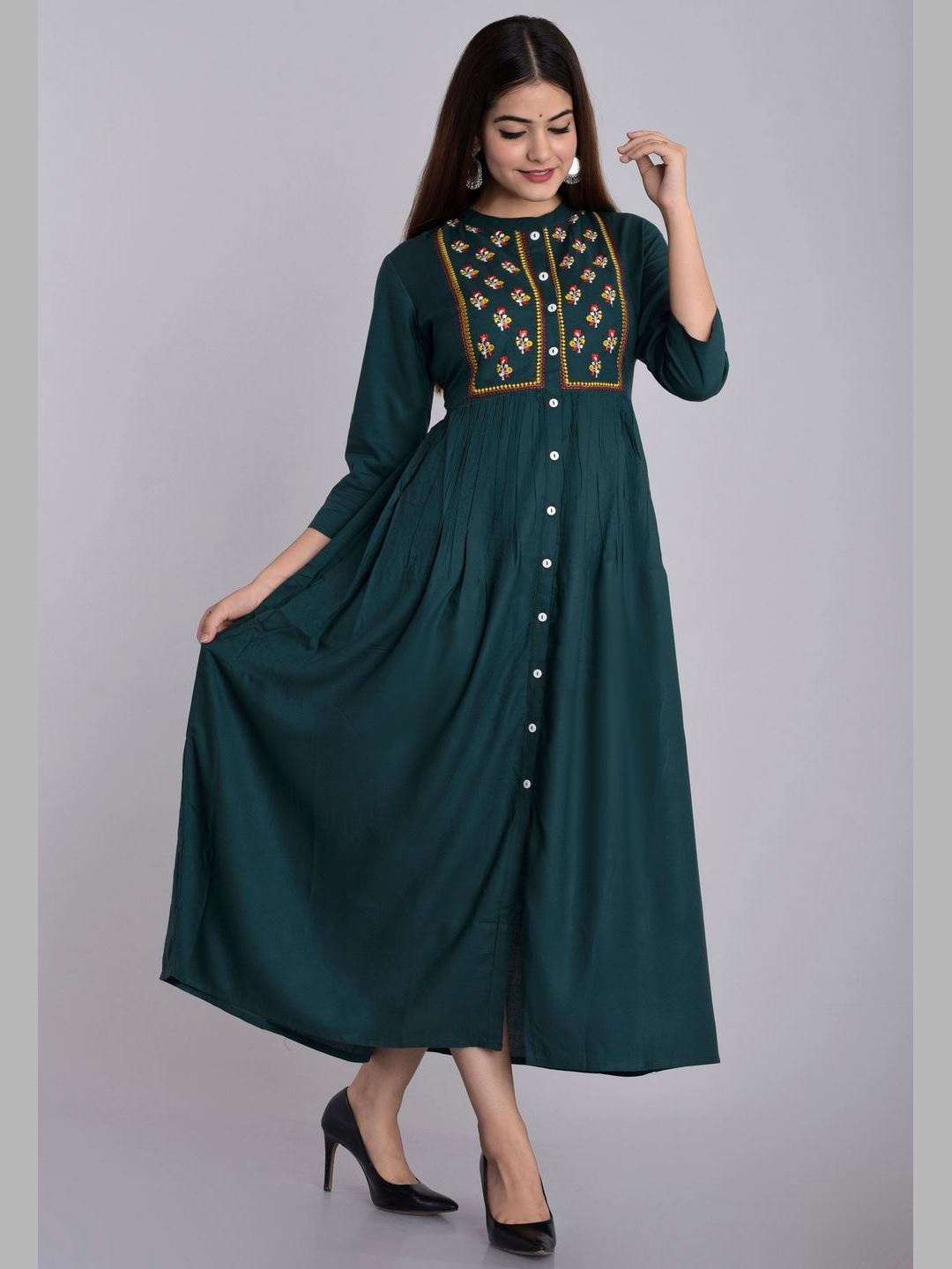 Women Rayon Embroidered Flared Kurta