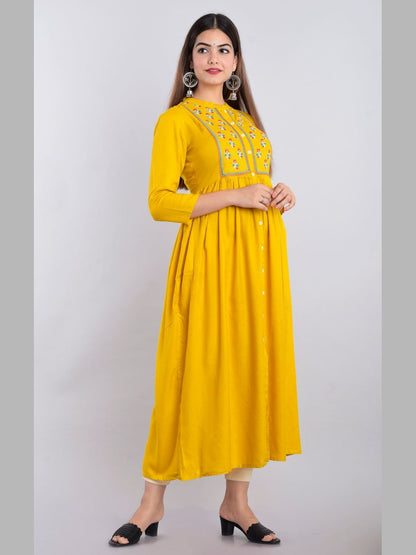 Women Rayon Embroidered Flared Kurta