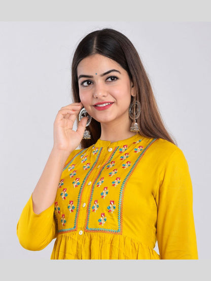 Women Rayon Embroidered Flared Kurta