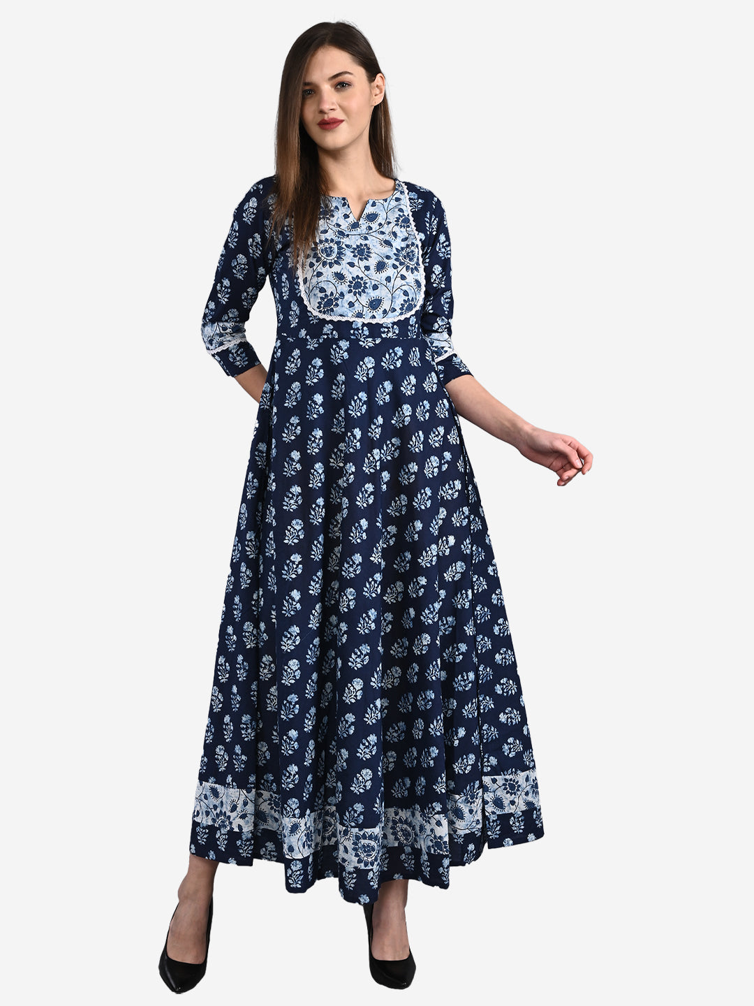Cotton Indigo Print full flared 3/4 Sleeve Round Neck Dress