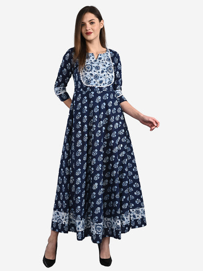 Cotton Indigo Print full flared 3/4 Sleeve Round Neck Dress