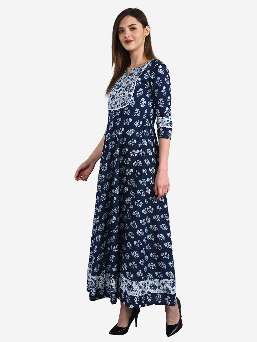 Cotton Indigo Print full flared 3/4 Sleeve Round Neck Dress