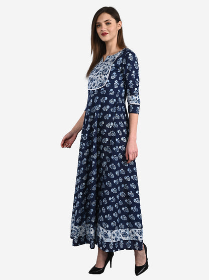Cotton Indigo Print full flared 3/4 Sleeve Round Neck Dress