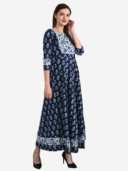 Cotton Indigo Print full flared 3/4 Sleeve Round Neck Dress