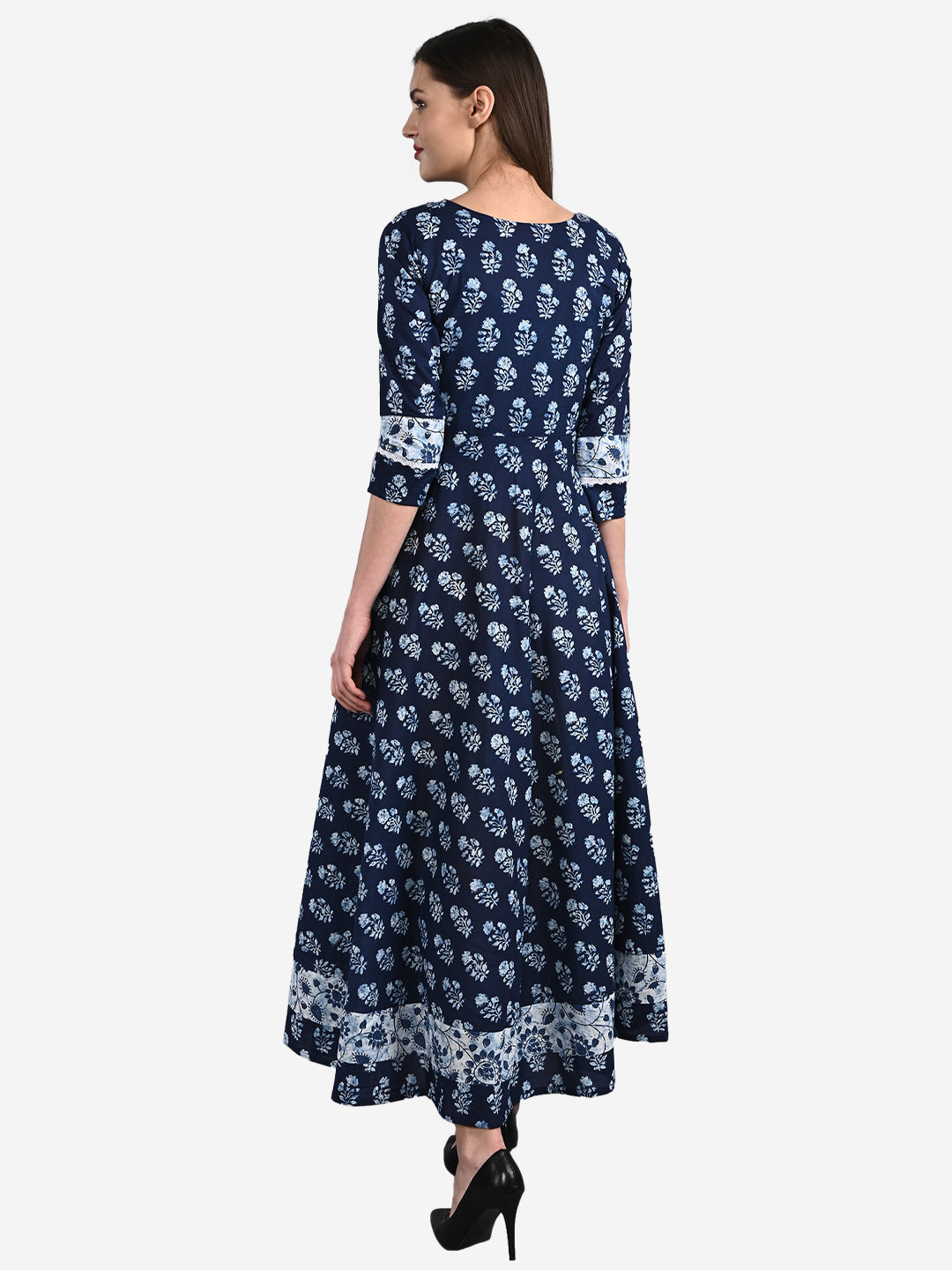 Cotton Indigo Print full flared 3/4 Sleeve Round Neck Dress