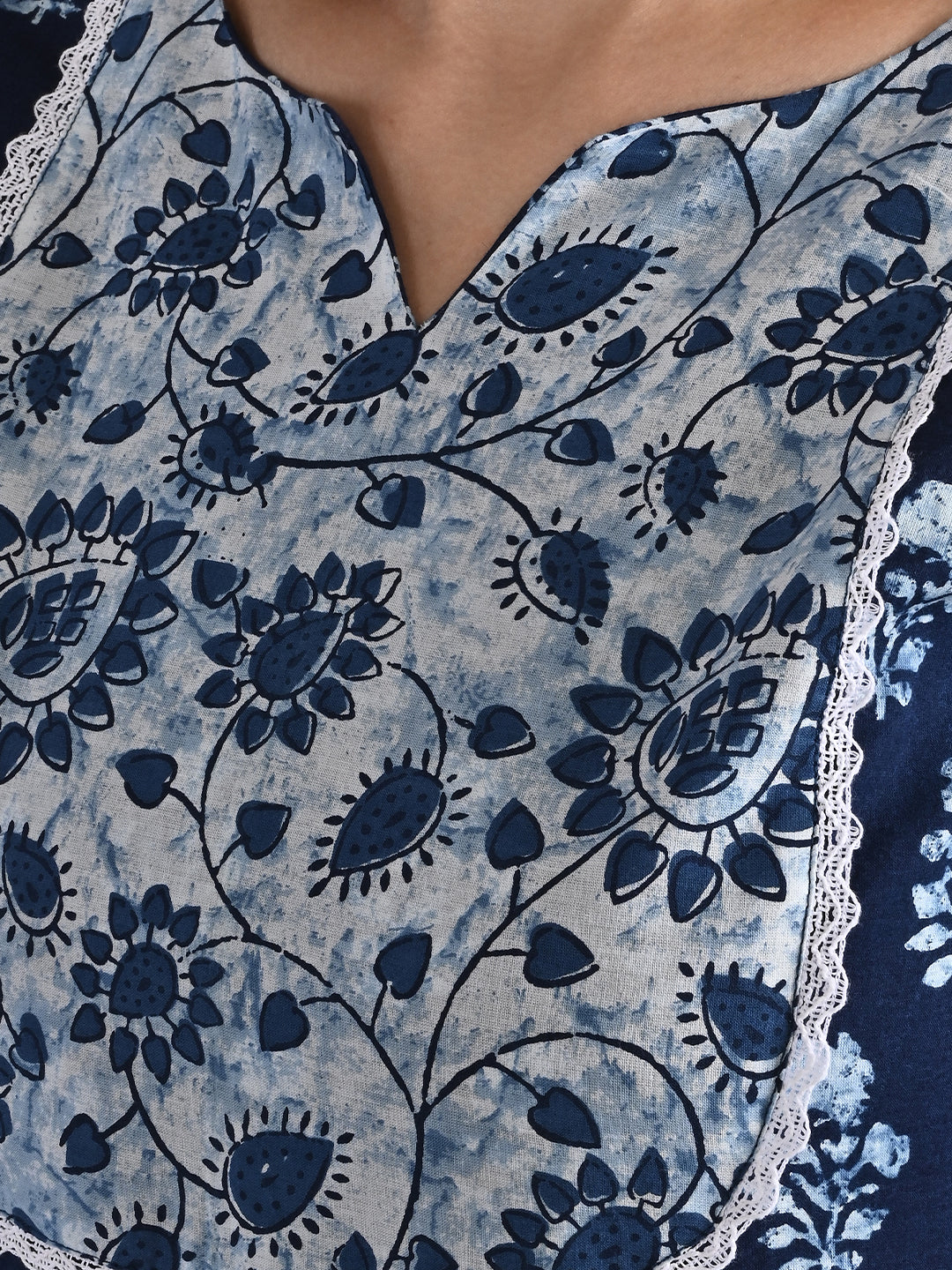 Cotton Indigo Print full flared 3/4 Sleeve Round Neck Dress