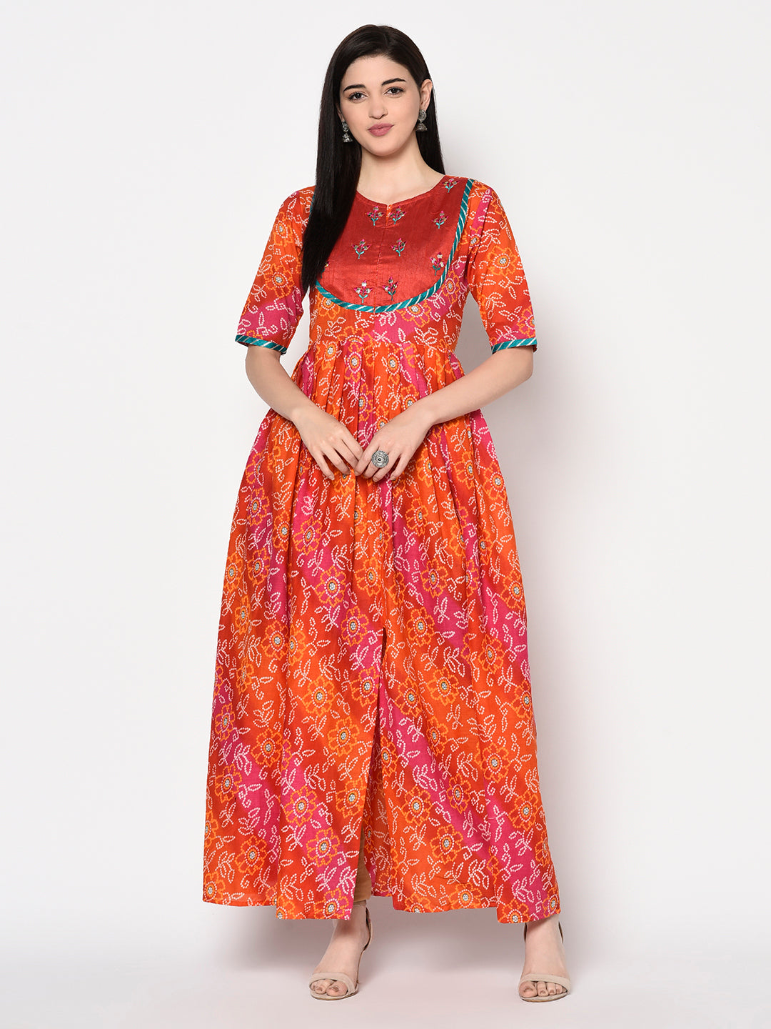 Cotton Printed 3/4 Sleeves Flared Kurta Dress