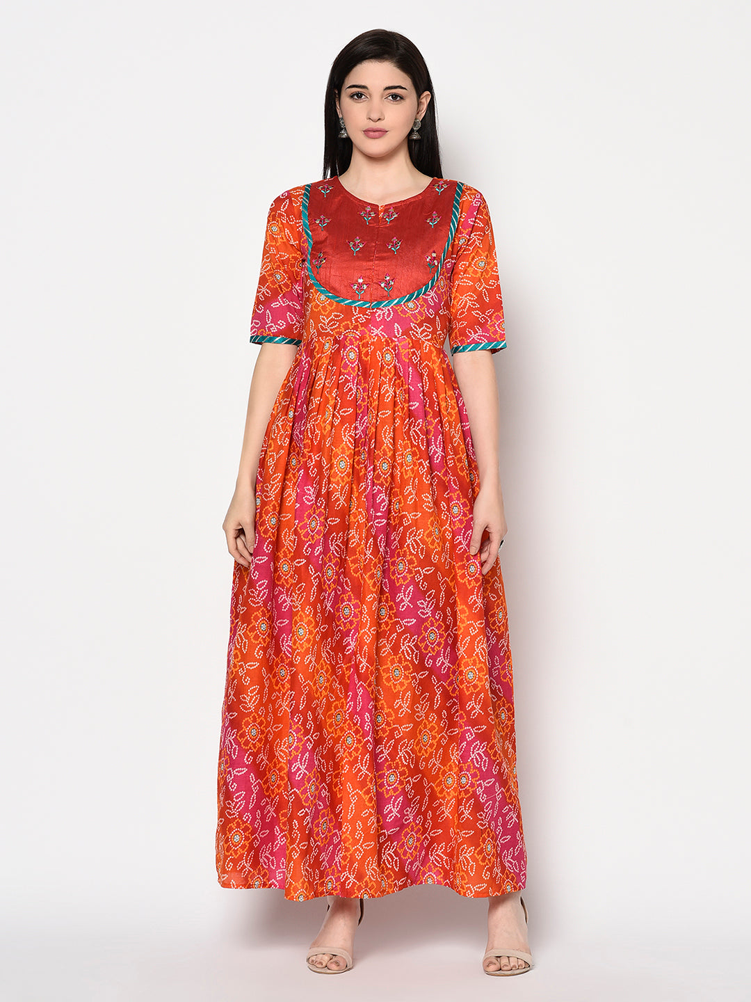 Cotton Printed 3/4 Sleeves Flared Kurta Dress