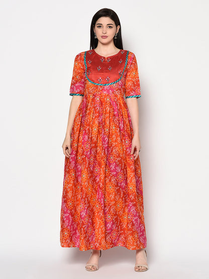 Cotton Printed 3/4 Sleeves Flared Kurta Dress