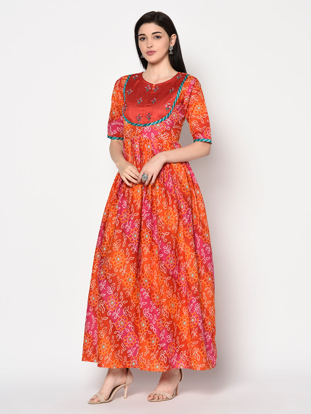 Cotton Printed 3/4 Sleeves Flared Kurta Dress