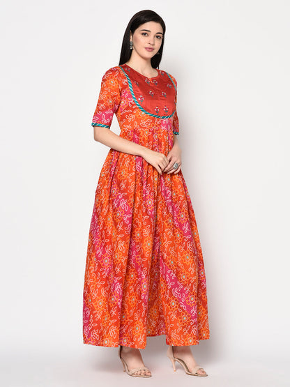 Cotton Printed 3/4 Sleeves Flared Kurta Dress