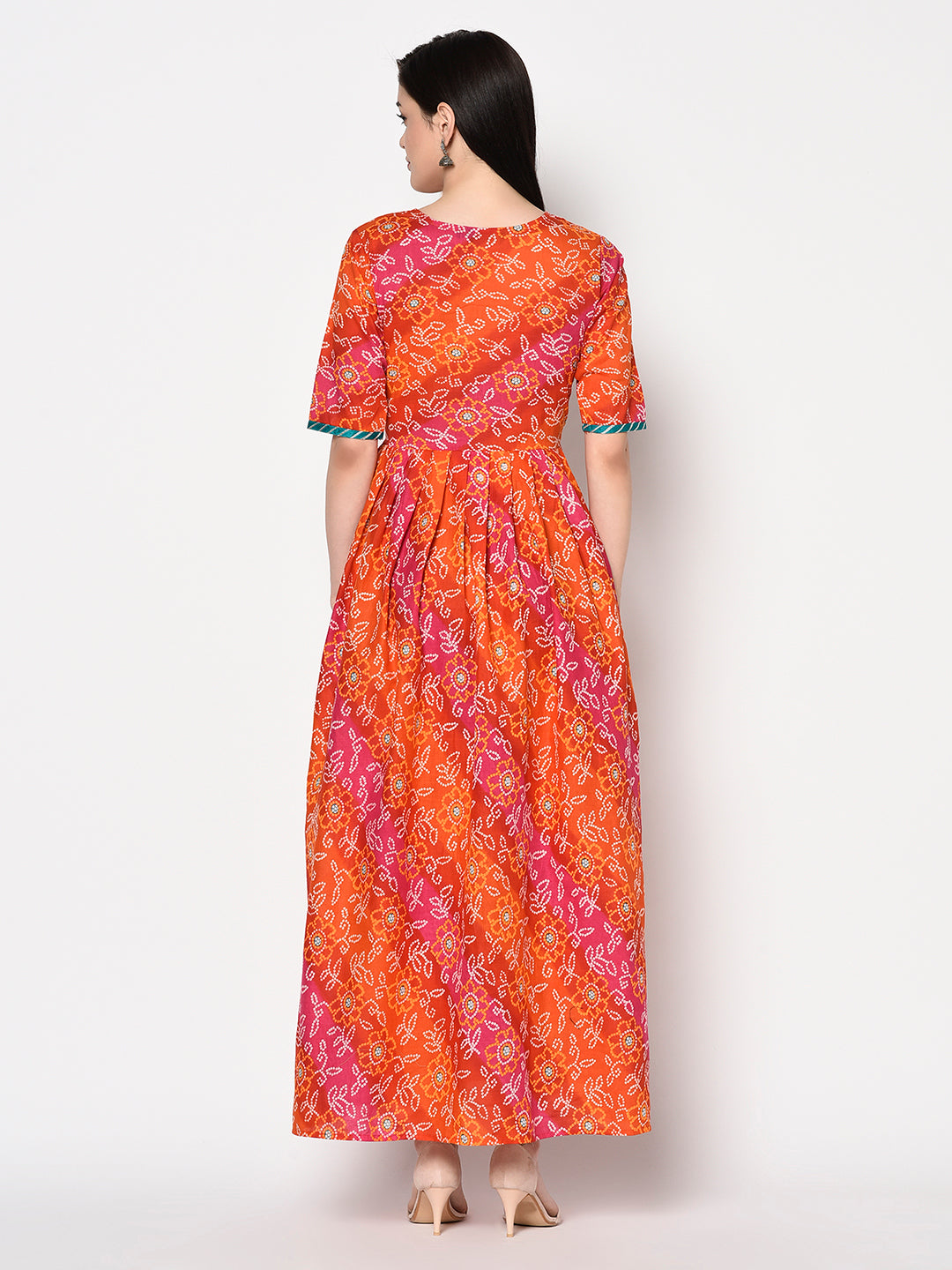 Cotton Printed 3/4 Sleeves Flared Kurta Dress