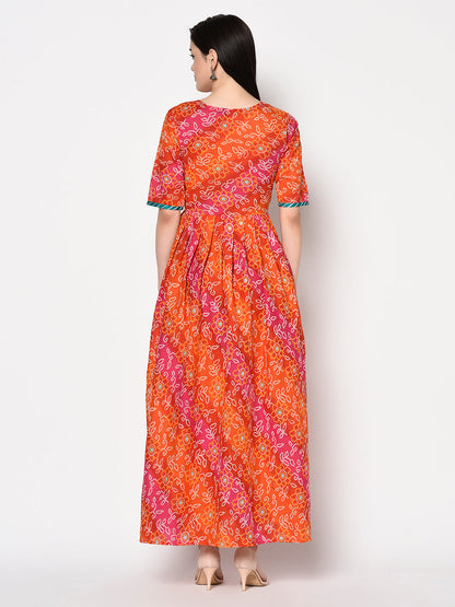 Cotton Printed 3/4 Sleeves Flared Kurta Dress