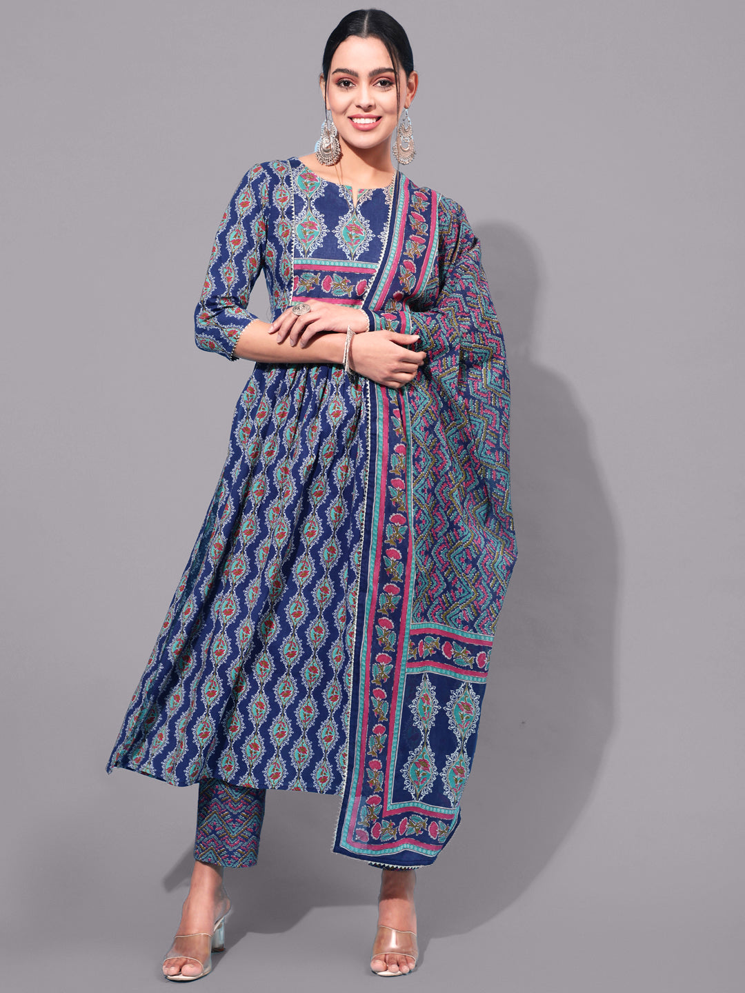 Cotton Calf Printed Semi-Flared 3/4 Sleeve Round Neck Kurta Bottom Dupatta Set