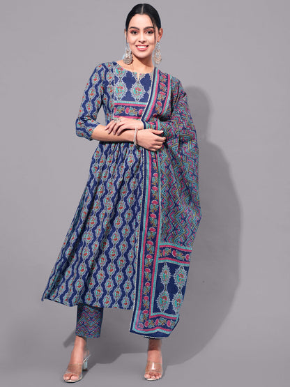 Cotton Calf Printed Semi-Flared 3/4 Sleeve Round Neck Kurta Bottom Dupatta Set