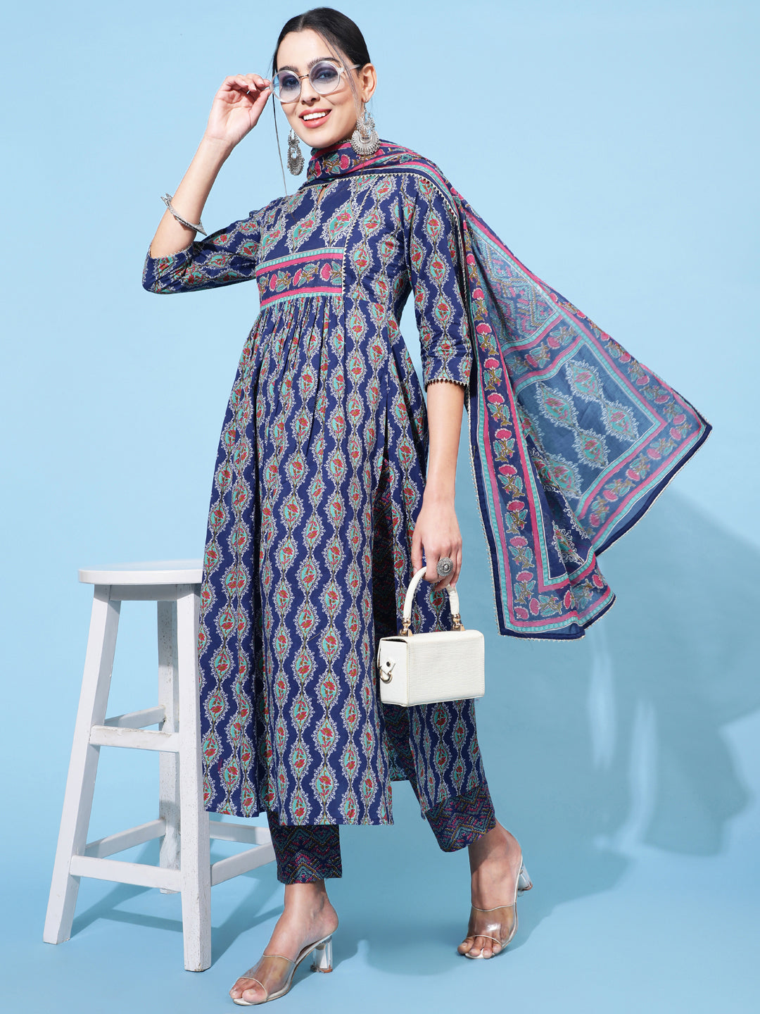 Cotton Calf Printed Semi-Flared 3/4 Sleeve Round Neck Kurta Bottom Dupatta Set