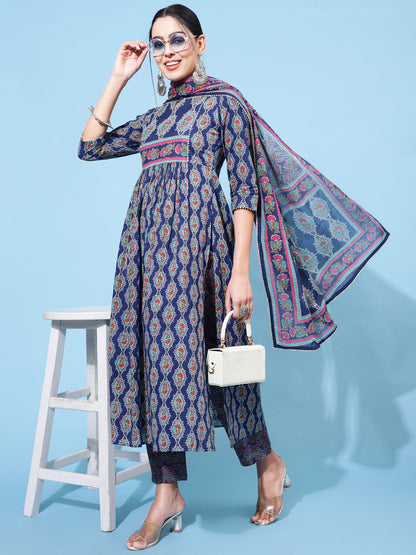Cotton Calf Printed Semi-Flared 3/4 Sleeve Round Neck Kurta Bottom Dupatta Set