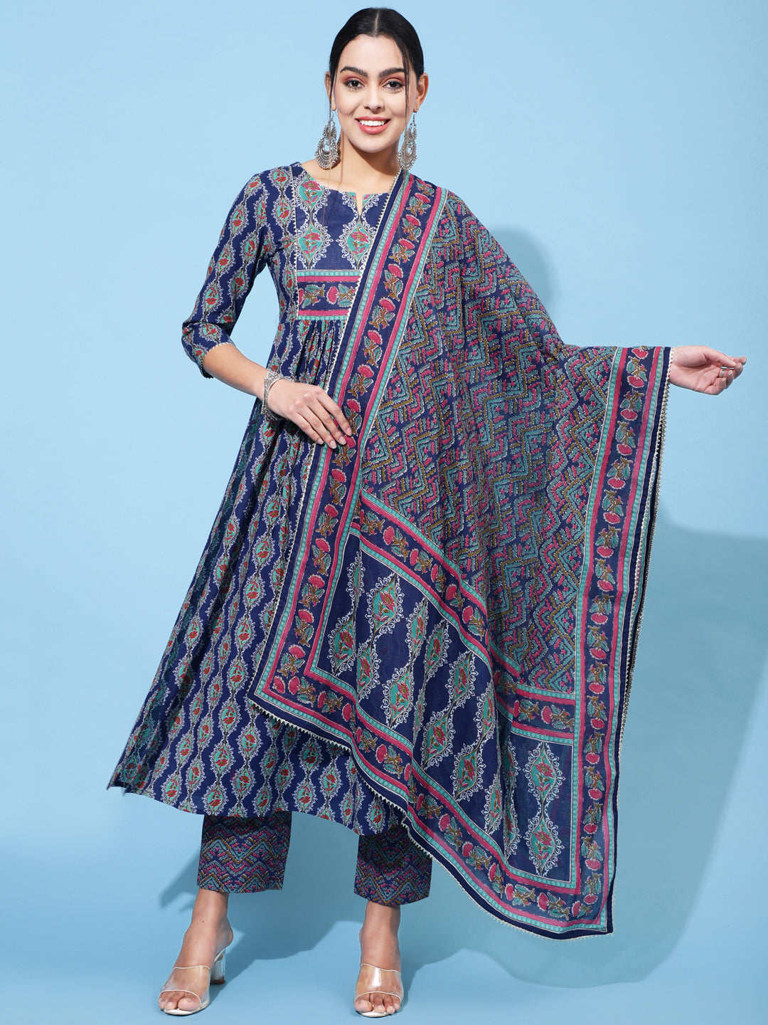 Cotton Calf Printed Semi-Flared 3/4 Sleeve Round Neck Kurta Bottom Dupatta Set