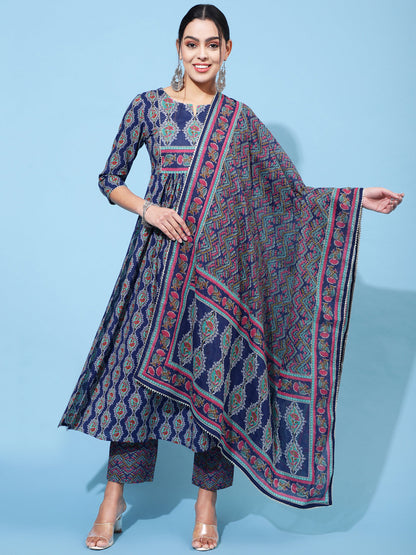 Cotton Calf Printed Semi-Flared 3/4 Sleeve Round Neck Kurta Bottom Dupatta Set