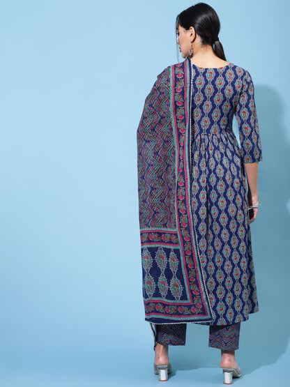 Cotton Calf Printed Semi-Flared 3/4 Sleeve Round Neck Kurta Bottom Dupatta Set