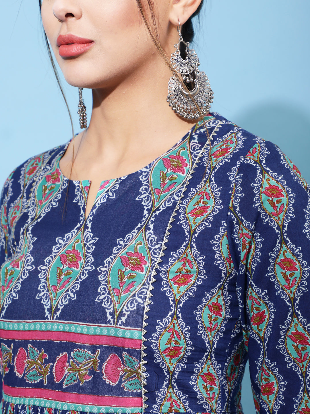 Cotton Calf Printed Semi-Flared 3/4 Sleeve Round Neck Kurta Bottom Dupatta Set