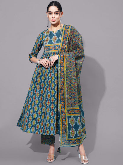 Cotton Calf Printed Semi-Flared 3/4 Sleeve Round Neck Kurta Bottom Dupatta Set