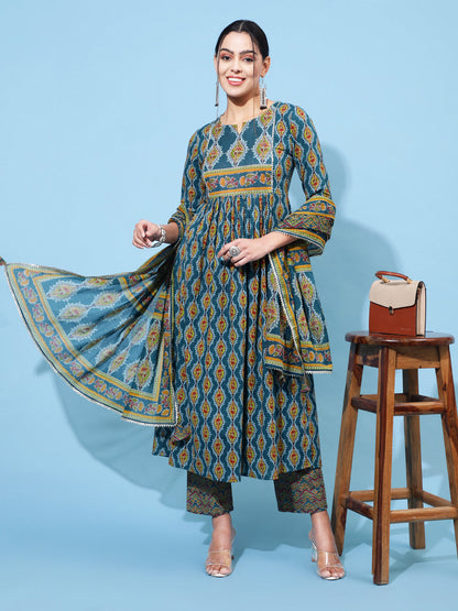 Cotton Calf Printed Semi-Flared 3/4 Sleeve Round Neck Kurta Bottom Dupatta Set