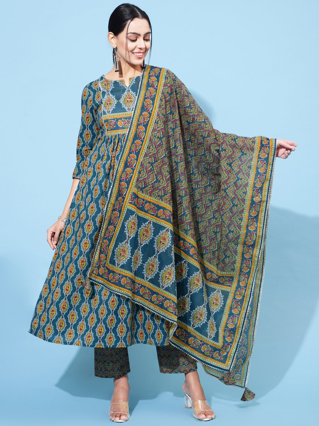 Cotton Calf Printed Semi-Flared 3/4 Sleeve Round Neck Kurta Bottom Dupatta Set