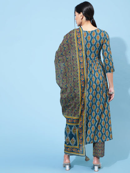 Cotton Calf Printed Semi-Flared 3/4 Sleeve Round Neck Kurta Bottom Dupatta Set