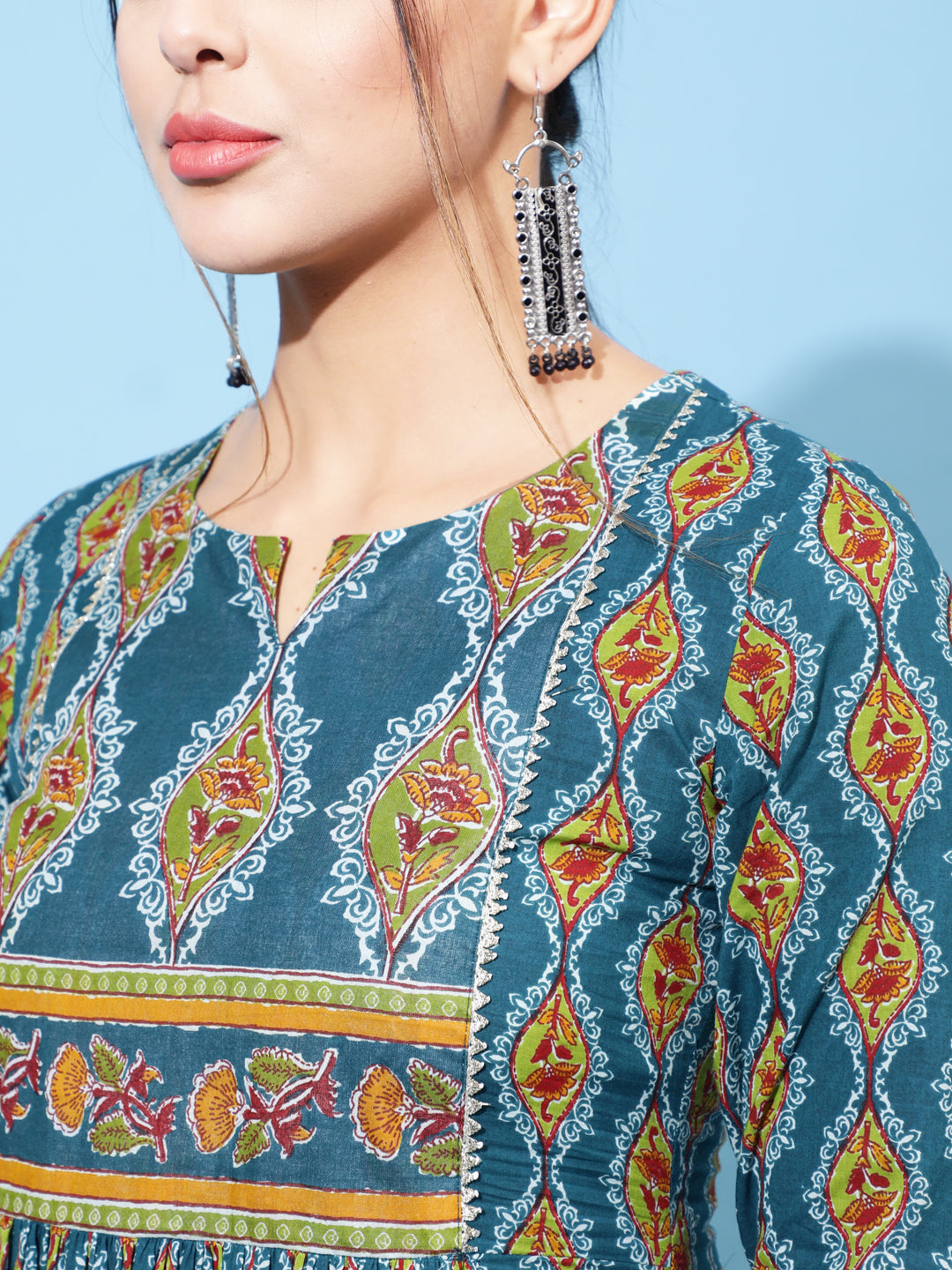 Cotton Calf Printed Semi-Flared 3/4 Sleeve Round Neck Kurta Bottom Dupatta Set