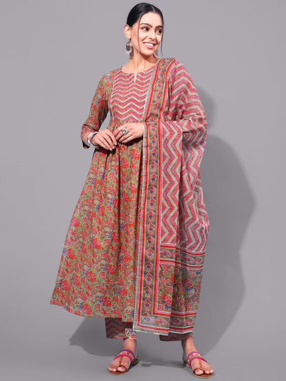 Cotton Calf Printed Semi-Flared 3/4 Sleeve Round Neck Kurta Bottom Dupatta Set