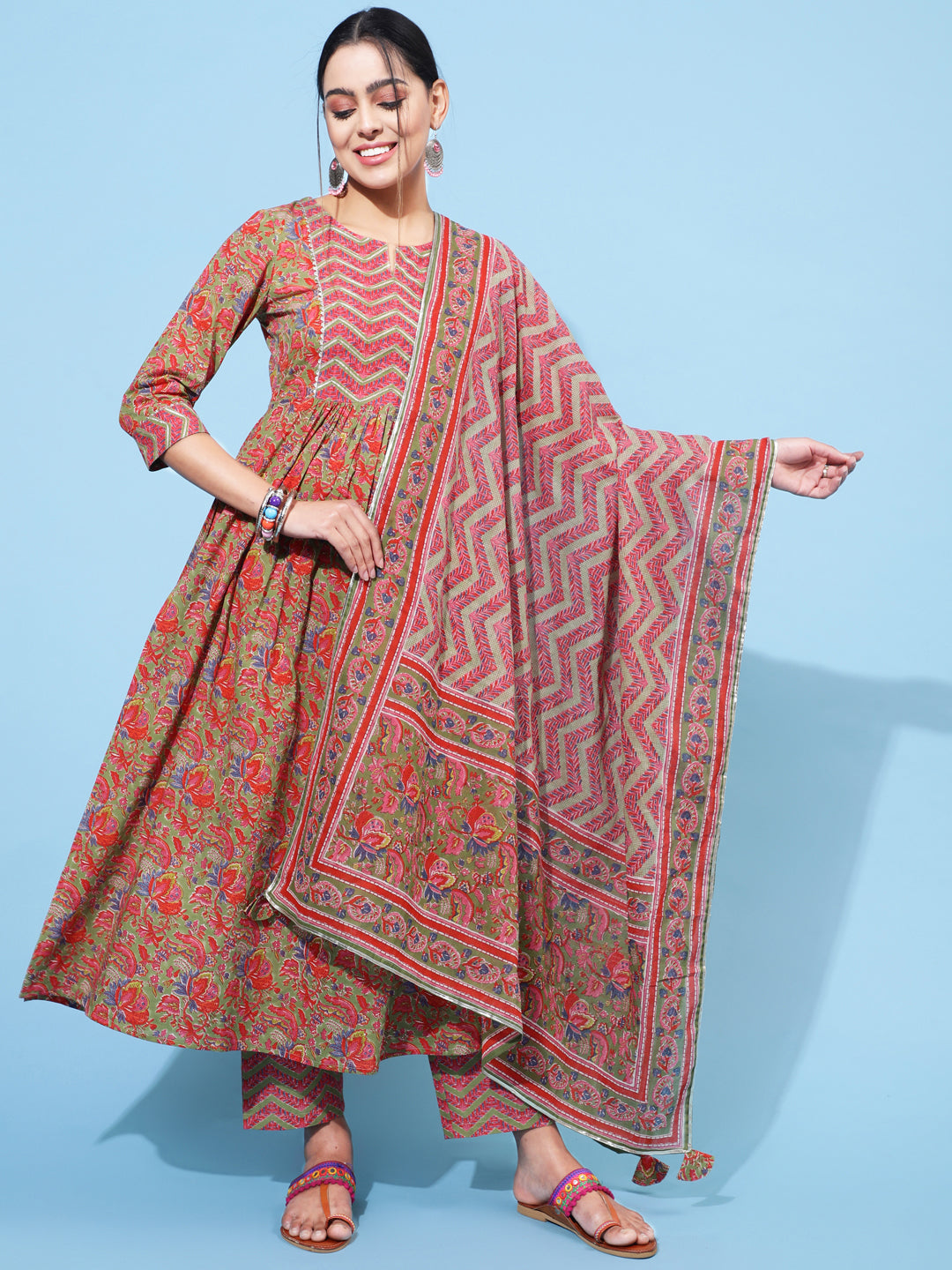 Cotton Calf Printed Semi-Flared 3/4 Sleeve Round Neck Kurta Bottom Dupatta Set
