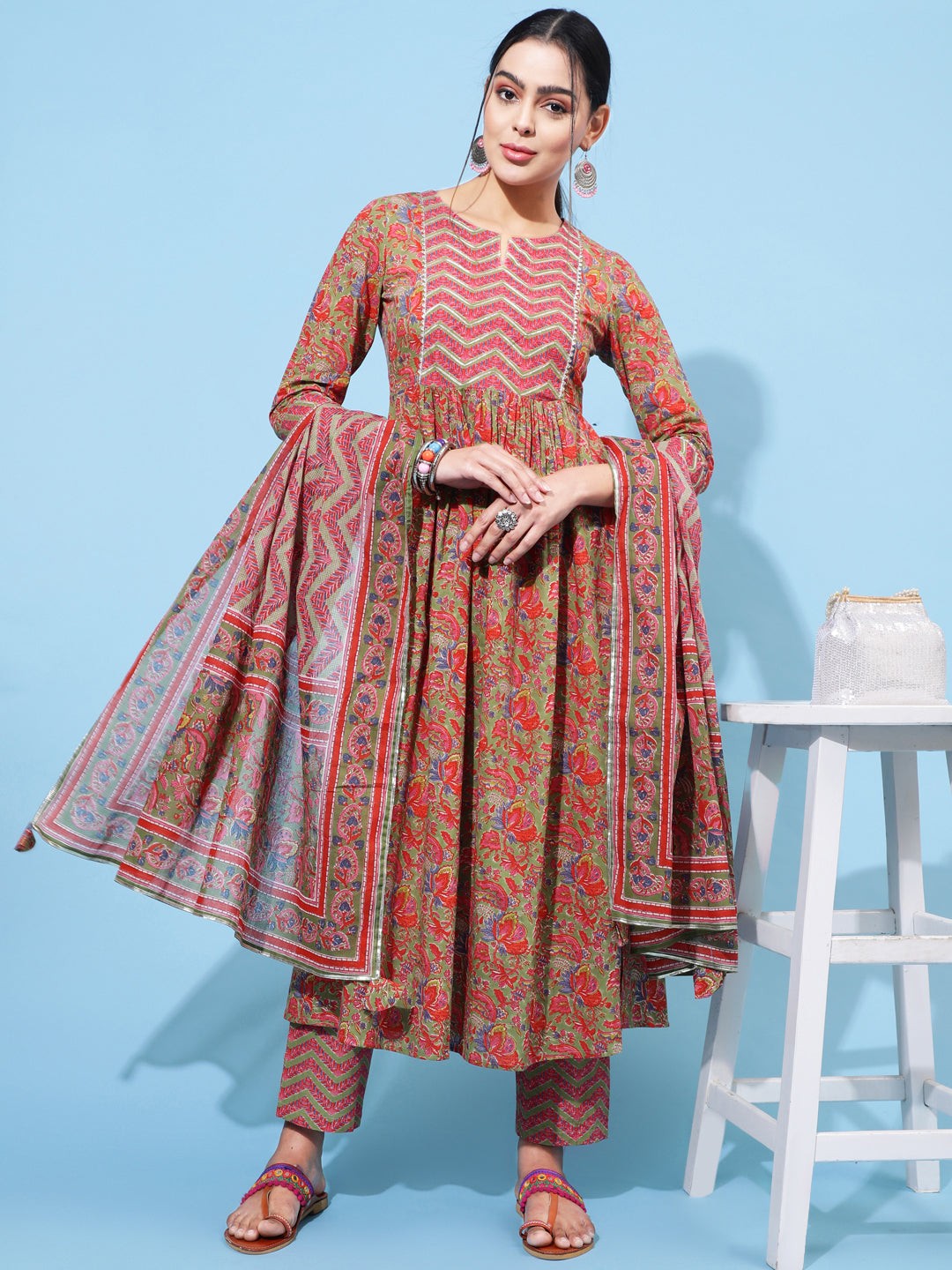 Cotton Calf Printed Semi-Flared 3/4 Sleeve Round Neck Kurta Bottom Dupatta Set