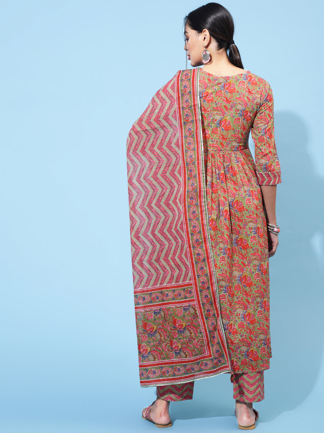 Cotton Calf Printed Semi-Flared 3/4 Sleeve Round Neck Kurta Bottom Dupatta Set