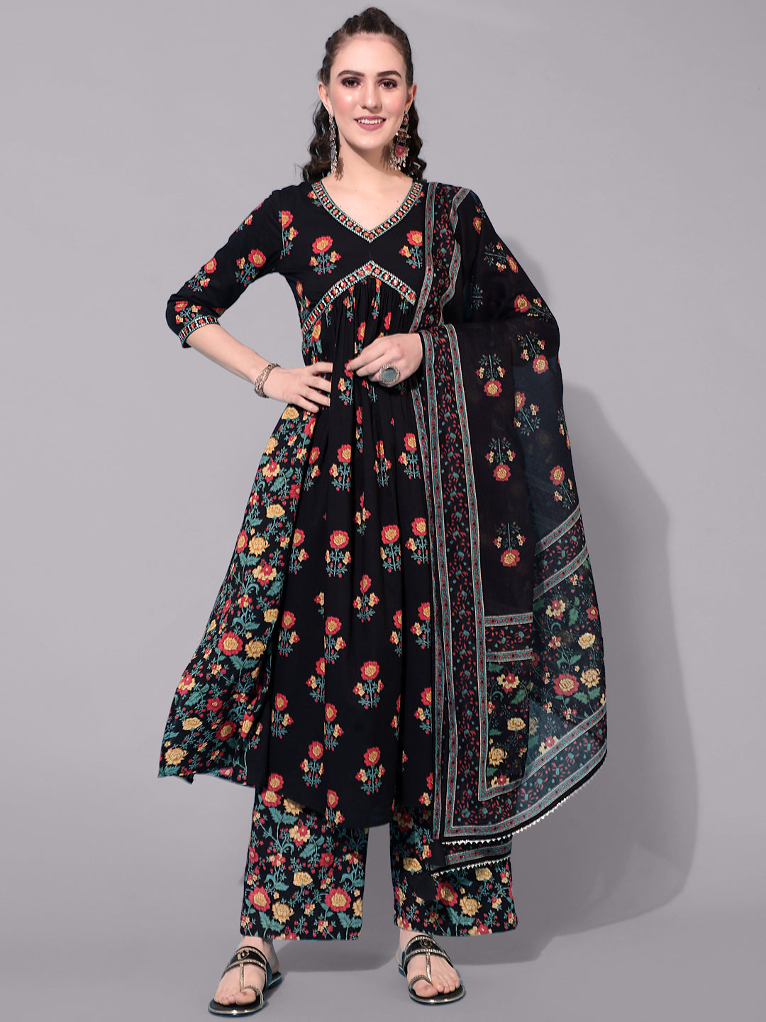 Cotton Printed Calf Length Semi-Flared 3/4 Sleeve V-neck Kurta Bottom Dupatta Set