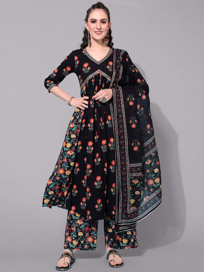 Cotton Printed Calf Length Semi-Flared 3/4 Sleeve V-neck Kurta Bottom Dupatta Set